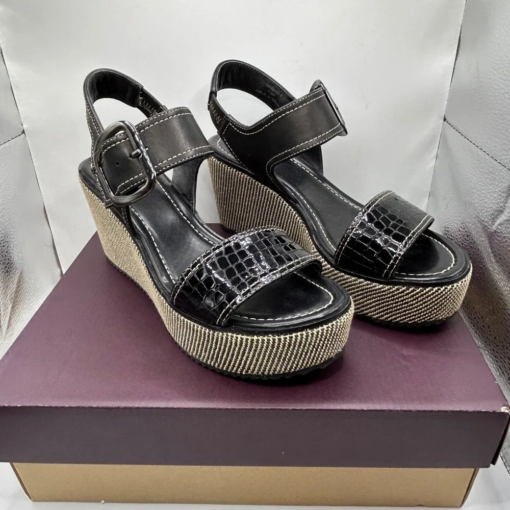 Donald Pliner Imani Black Croc Patent Leather Woven Platform Wedge Sandals 7.5M